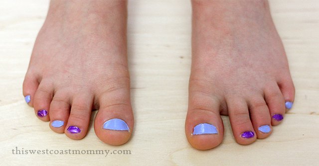 Baby Blues & Grapelicious kid-safe nail polish on toenails