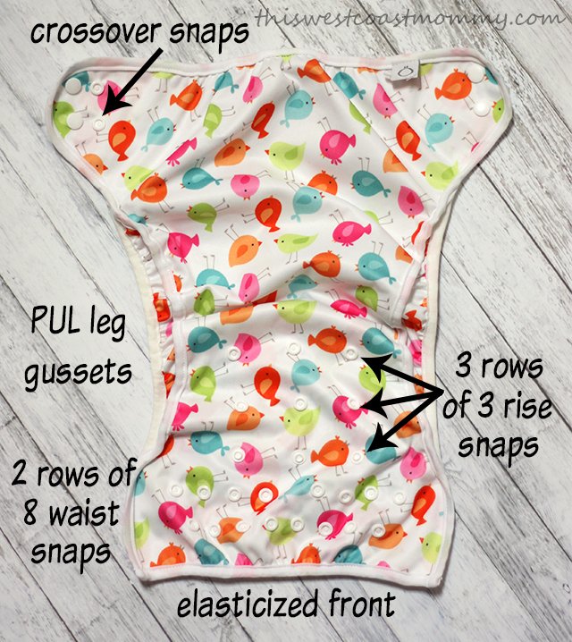 Omaïki's One Size Diaper Cover has 3 rise adjustments and PUL leg gussets.