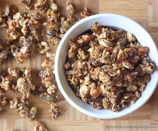 Instead of oats or other grains, my granola is made with almonds, cashews, pistachios, pumpkin seeds, coconut, and flax seeds. High in healthy fats, omega-3s, energy, protein, and fiber, this granola is perfect for camping and hiking!