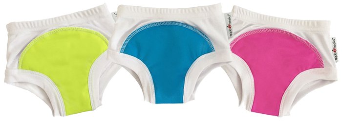 NEW AppleCheeks Learning Pants come in Appletini (green), St Lucia (blue), and Jem (purple).