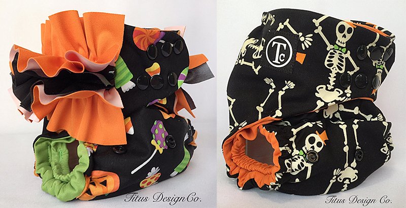 Trick or Treat OS diaper cover & Skeletons OS pocket diaper from Titus Design Company