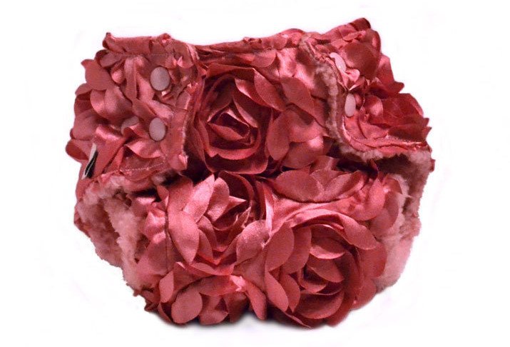 Dusty pink satin rosette diaper cover from Greenchild Creations