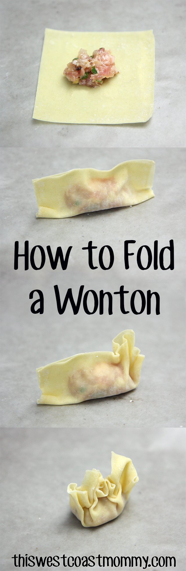 How to fold a wonton. Place a teaspoon of filling in the centre of the wrapper then fold it in half and seal the edges with a bit of water. Gently pleat and gather the free edges together and press to seal.