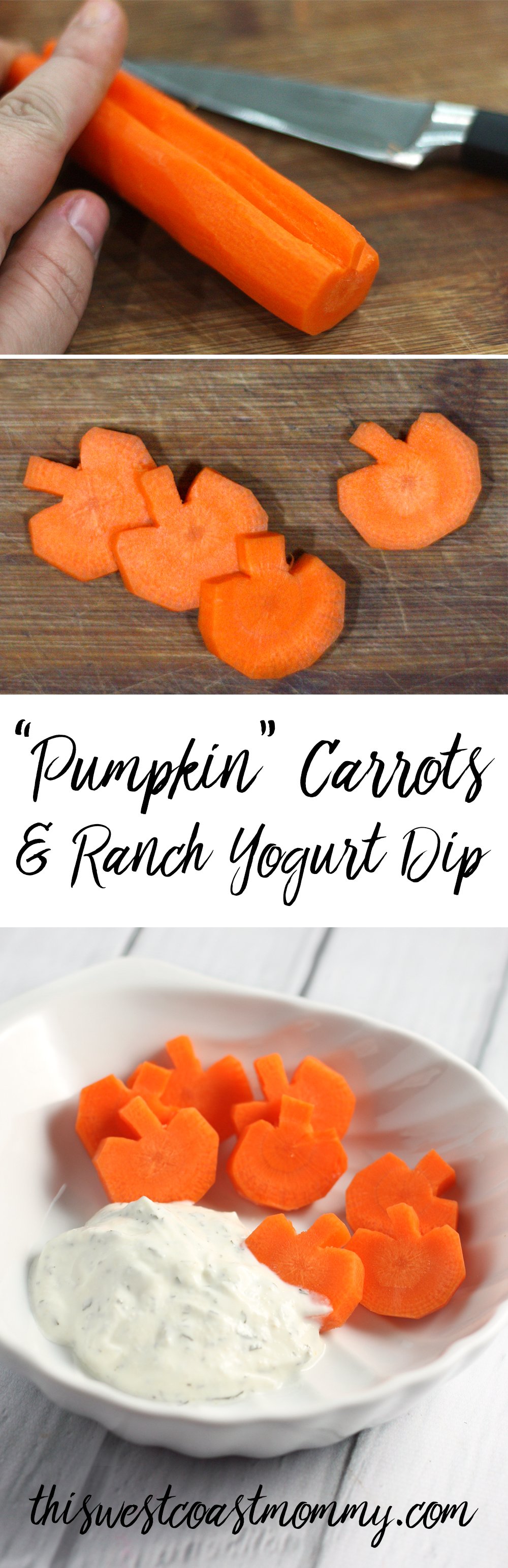 Looking for a fun but healthy treat in the middle of this year's Halloween sugar binge? These carrot "pumpkin" slices and ranch yogurt dip fit the bill!