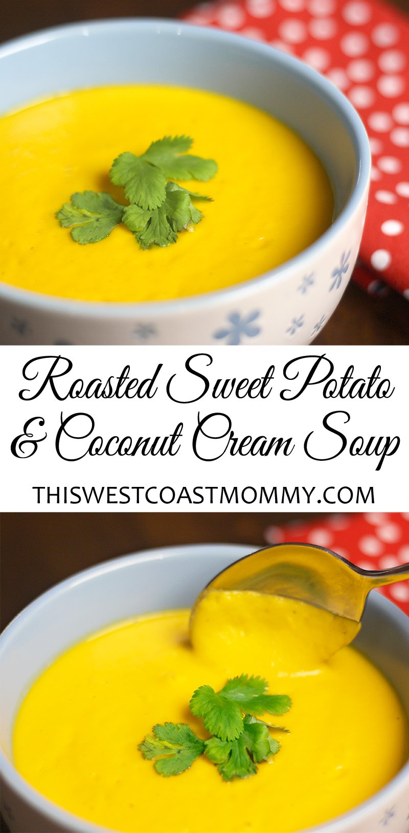 This roasted sweet potato and coconut cream soup is gluten-free, dairy-free, paleo, and Whole30 friendly.