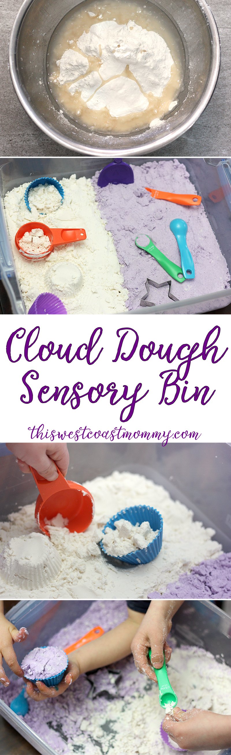 Cloud dough, also called moon sand, has the unique property of being moldable and crumbly at the same time. It's a sensory treat for kids of all ages - fun to scoop, mold, build with, or just squish between your fingers!
